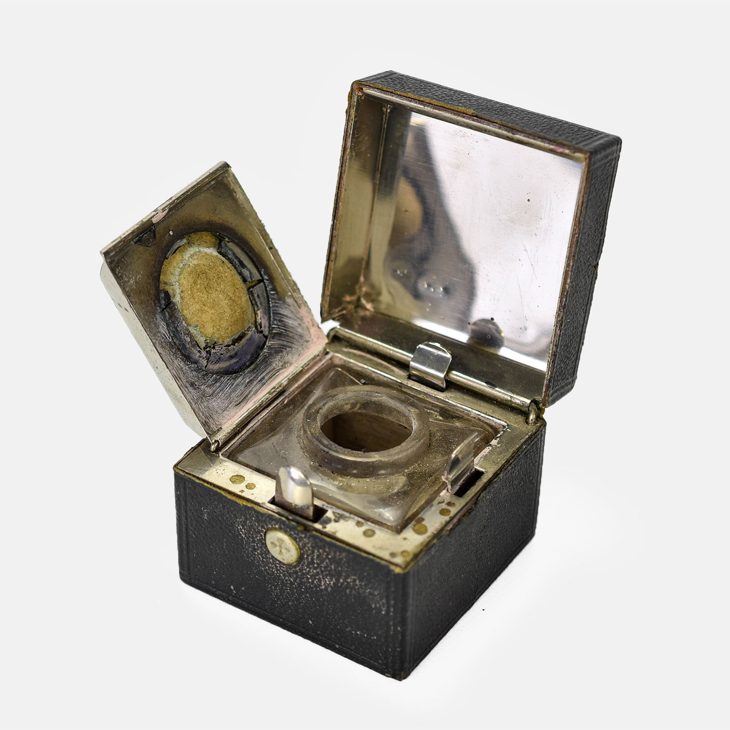 19thC French Square Glass Leather Traveling Inkwell