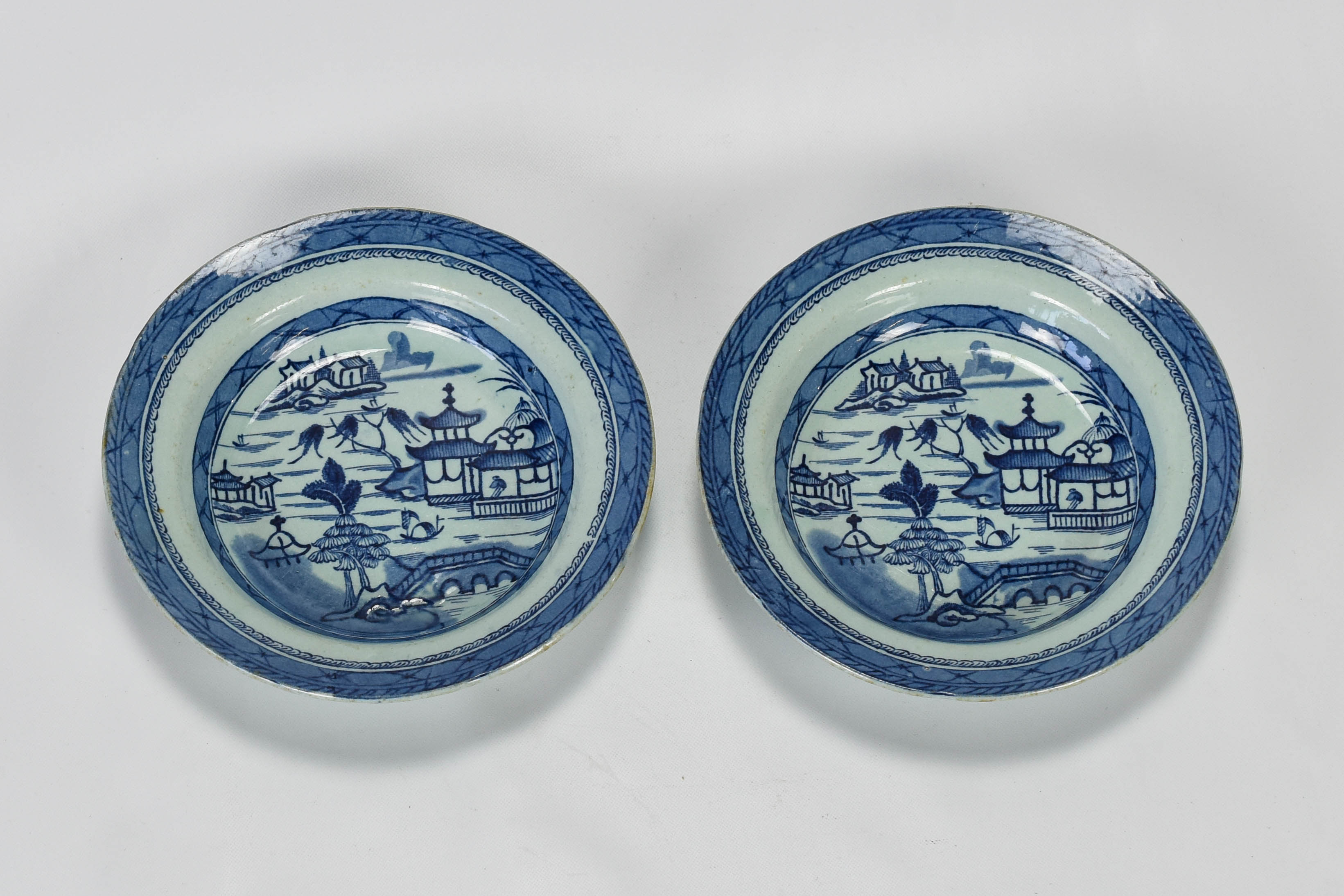 Antique 19thC European Canton Style Blue White Bowls