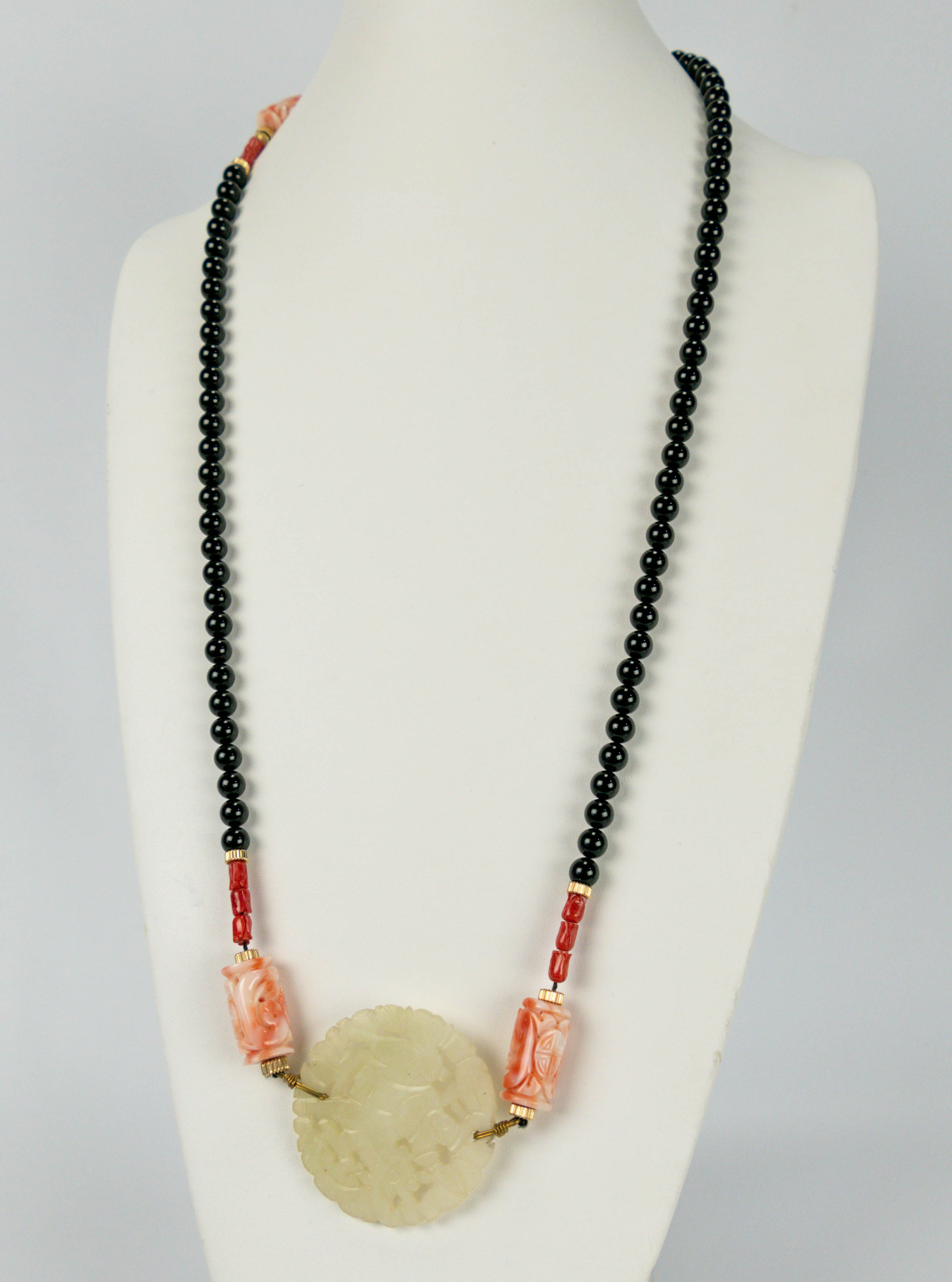 Chinese Carved Coral Jade Black Onyx Bead Necklace